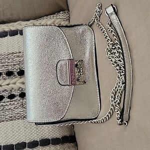 BCBG Silver, Shiny Shoulder Crossbody Purse,  Silver Chain Strap.